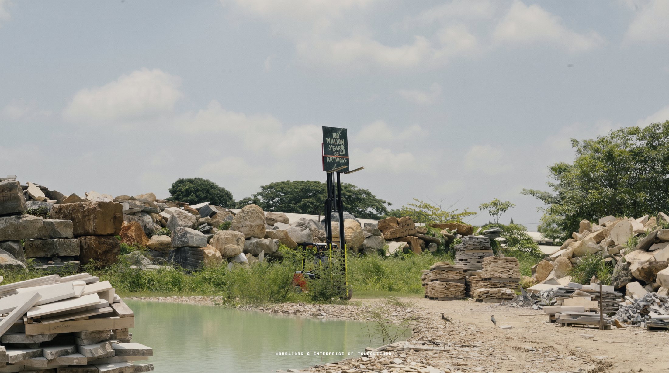 Cantera de mármol al aire libre, con el cartel "100 Million Years of Artwork" sostenido en alto junto a un estanque